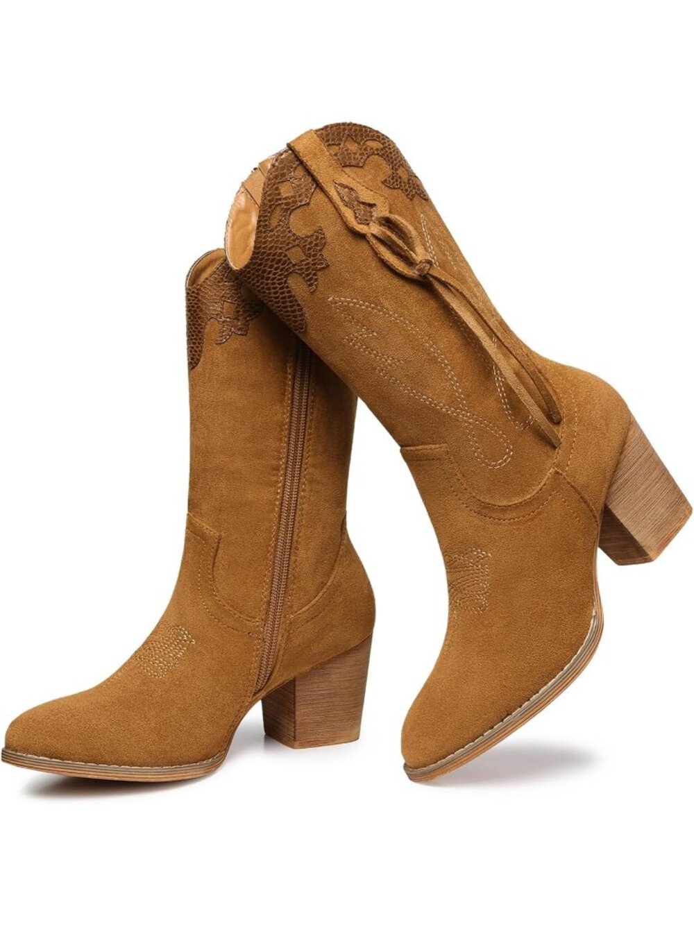 Women's Camel Cowgirl Boots Classic Western Mid Calf Suede Dancing Booties